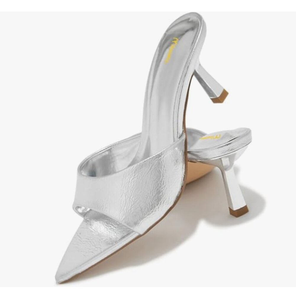 Milooey Silver High Heel Mules Open Toe Slide Sandals Cute Backless Slipper